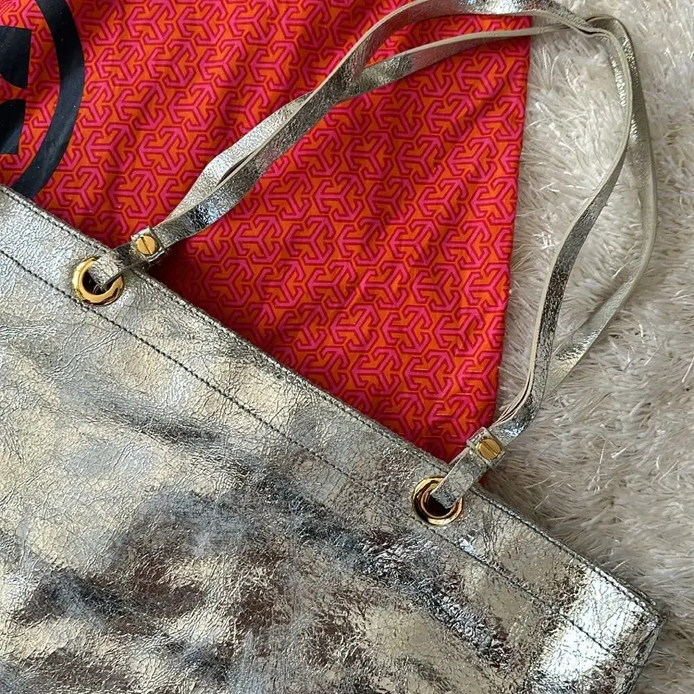 Tory Burch Metallic Silver logo T  tote Shoulder Bag.